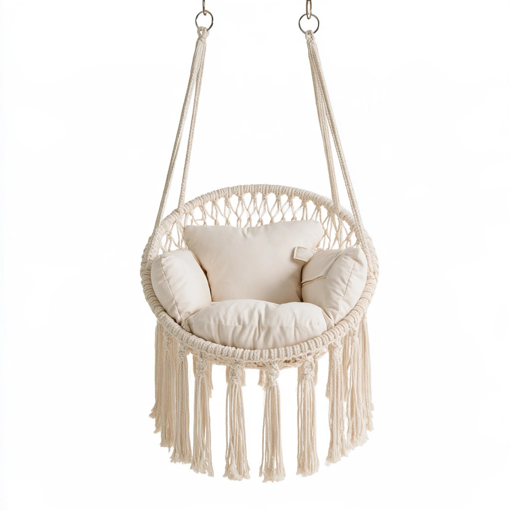 Fauteuil suspendu en macramé en macramé, coloris blanc cassé