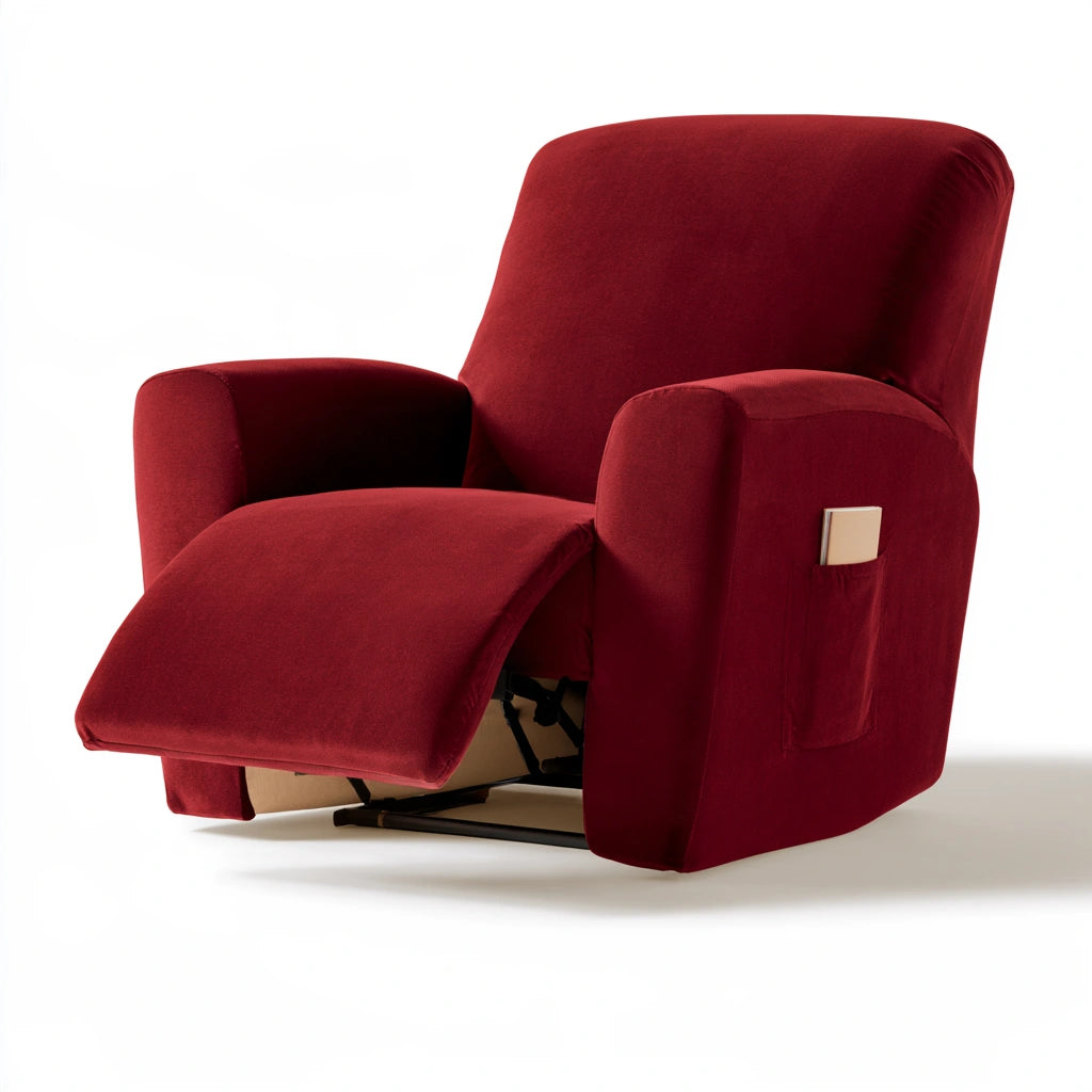 Kelnexia burgundy velvet slipcover on a standard recliner chair, extending over the seat and back for a fitted look.