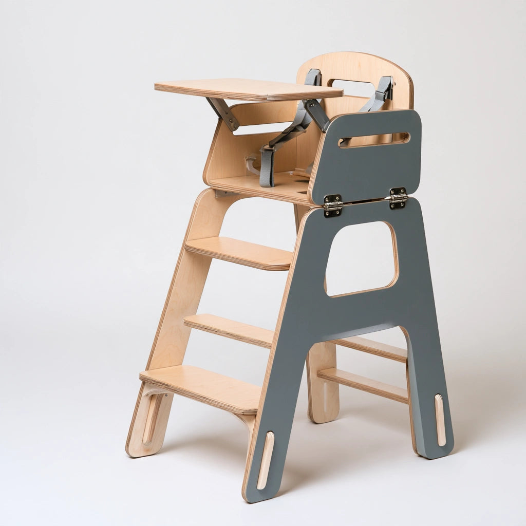 Tour d'apprentissage convertible avec chaise haute en bois, coloris brun naturel