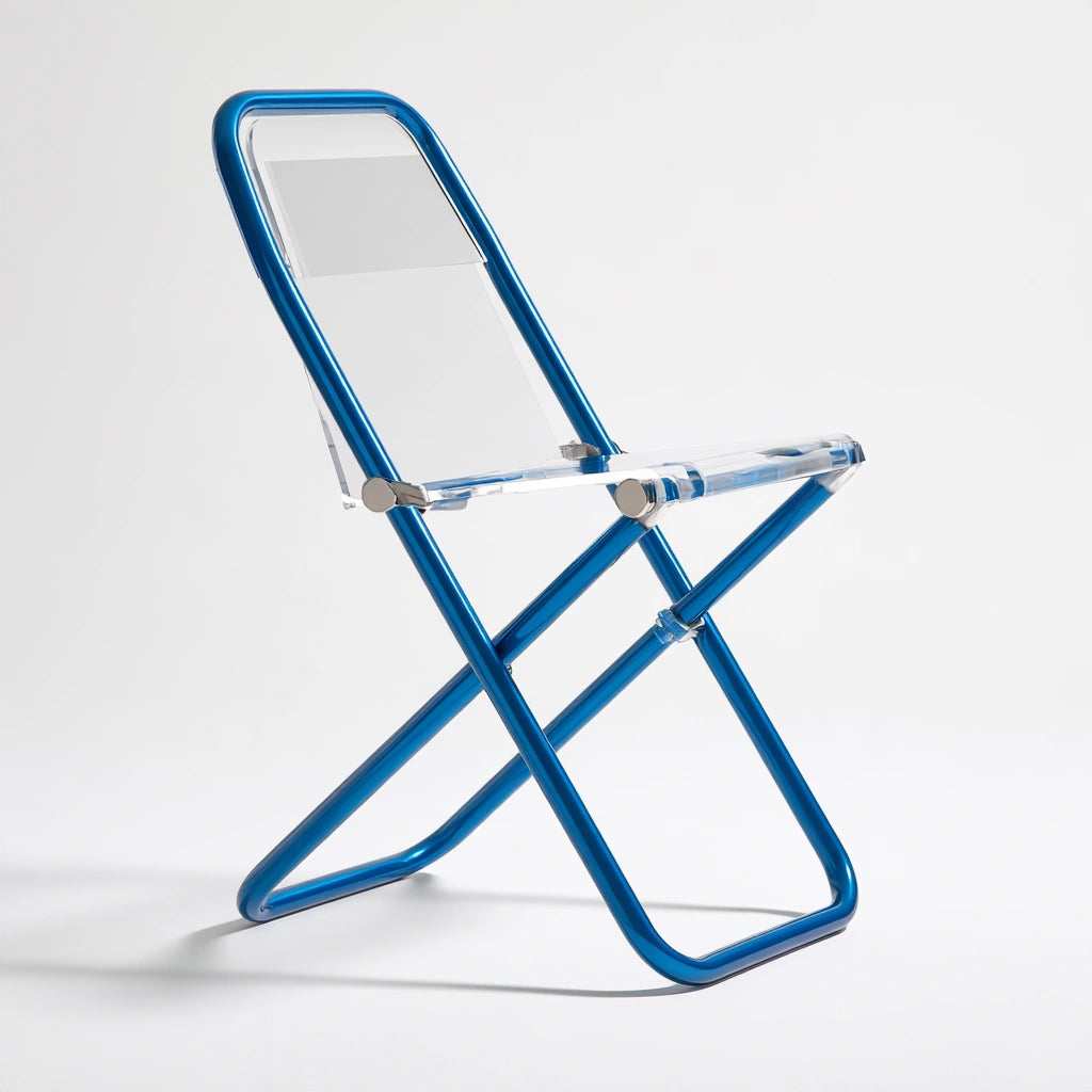 Blue metal folding chair from Kelnexia with a vibrant frame, designed for versatile seating and easy portability.