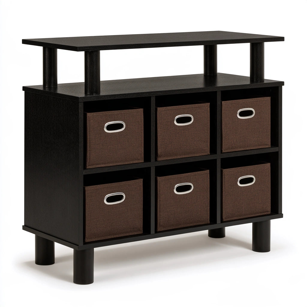 Black wooden narrow storage organizer with open top display, part of Kelnexia's buffet and storage furniture collection.