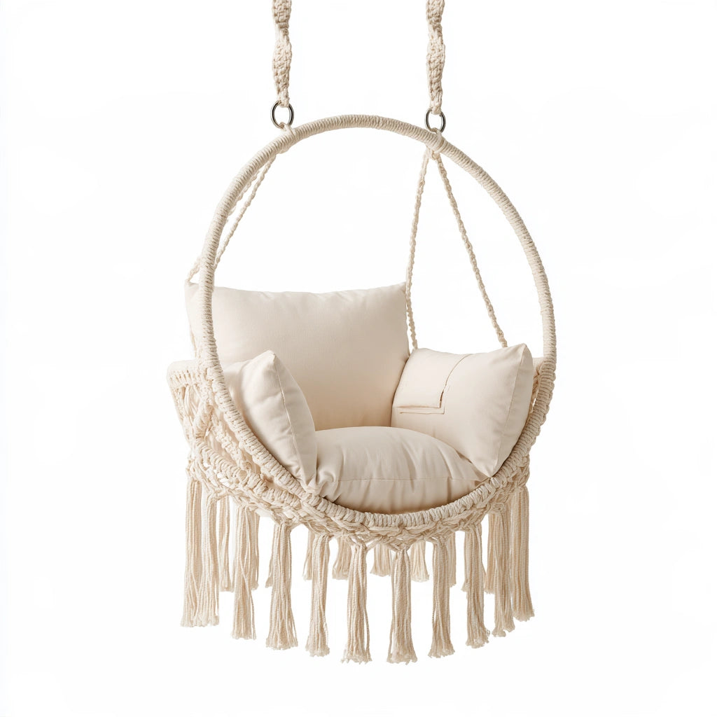 Fauteuil suspendu en macramé en macramé, coloris blanc cassé