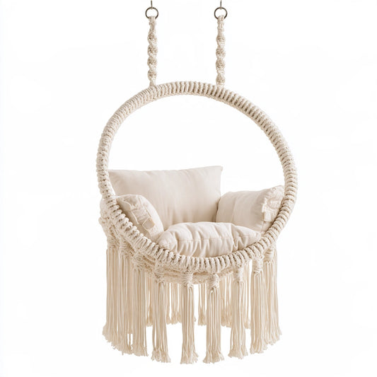 Fauteuil suspendu en macramé en macramé, coloris blanc cassé