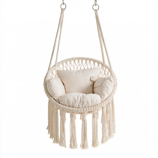 Fauteuil suspendu en macramé en macramé, coloris blanc cassé