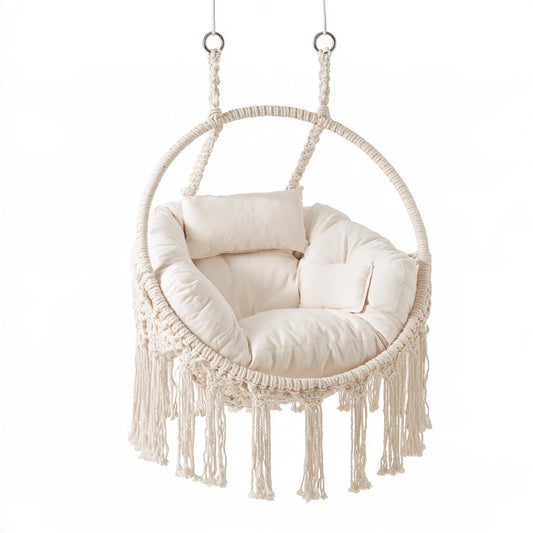 Fauteuil suspendu en macramé en macramé, coloris blanc cassé