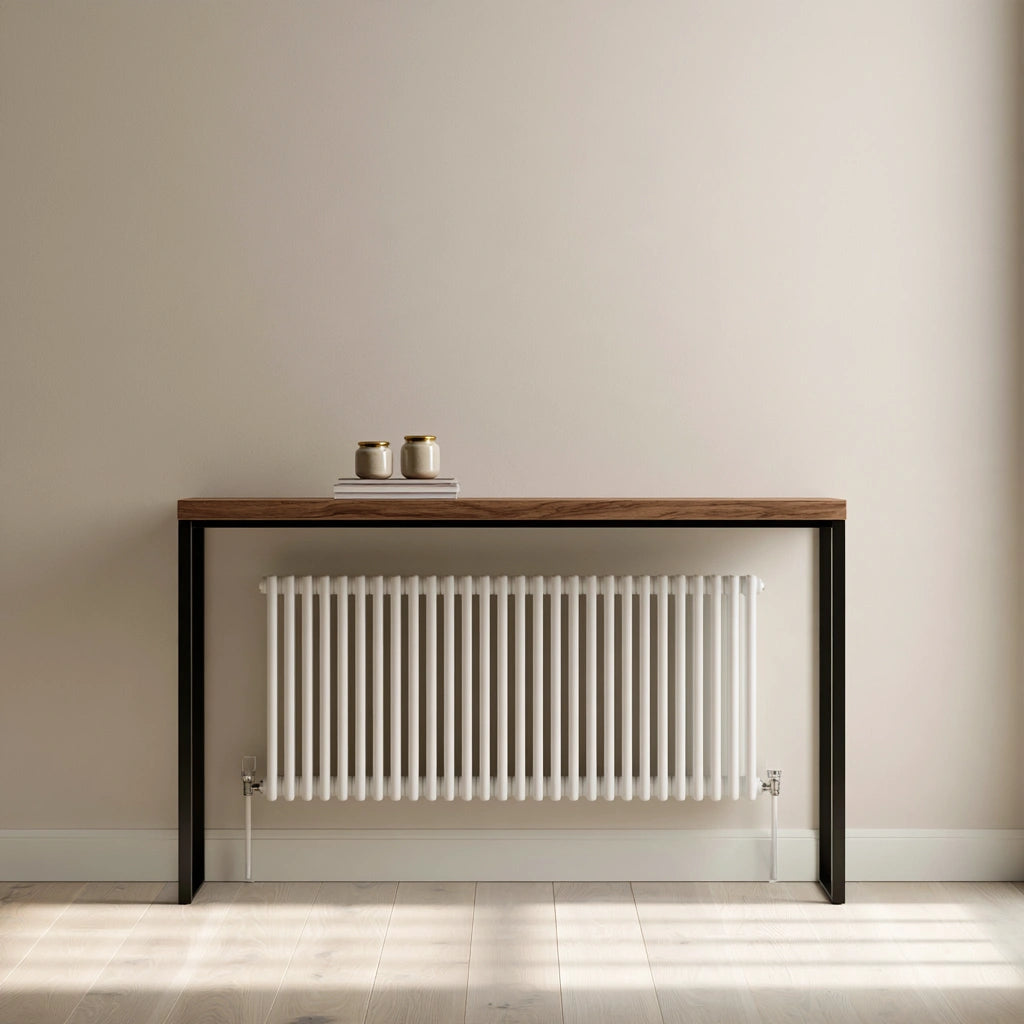 Kelnexia wooden entryway console with solid oak top and black metal frame in black and light oak finish.