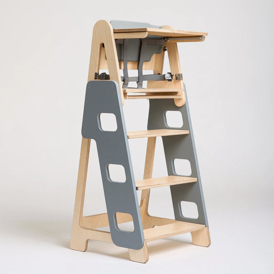Tour d'apprentissage convertible avec chaise haute en bois, coloris brun naturel