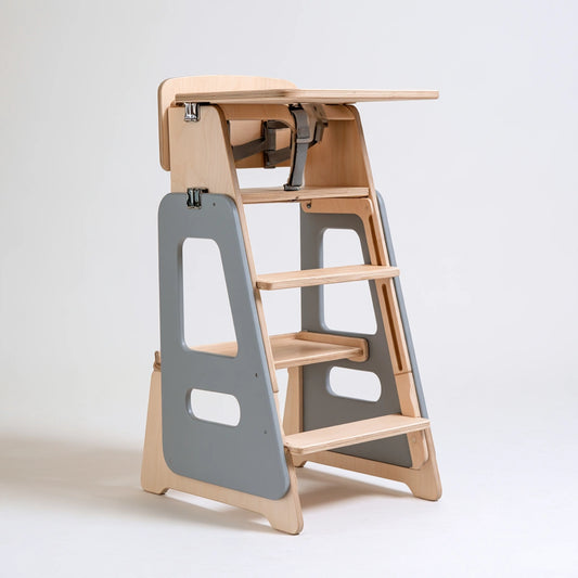 Tour d'apprentissage convertible avec chaise haute en bois, coloris brun naturel
