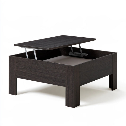 Table basse à plateau relevable en bois, coloris brun foncé et noir