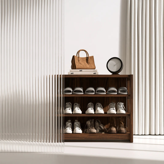 Étagère à chaussures en bois à quatre niveaux, coloris brun foncé et blanc