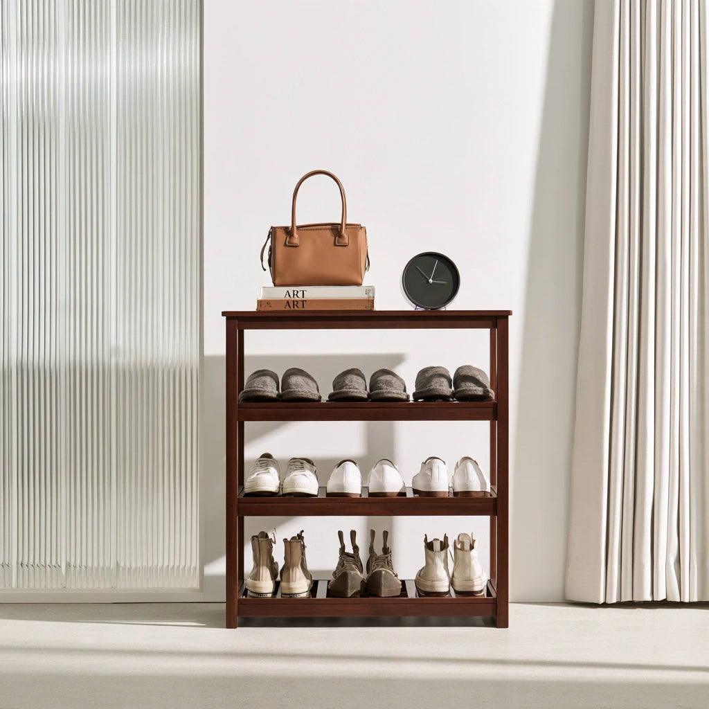 Étagère à chaussures en bois à quatre niveaux, coloris brun foncé et blanc