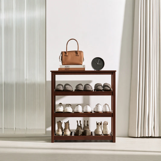 Étagère à chaussures en bois à quatre niveaux, coloris brun foncé et blanc