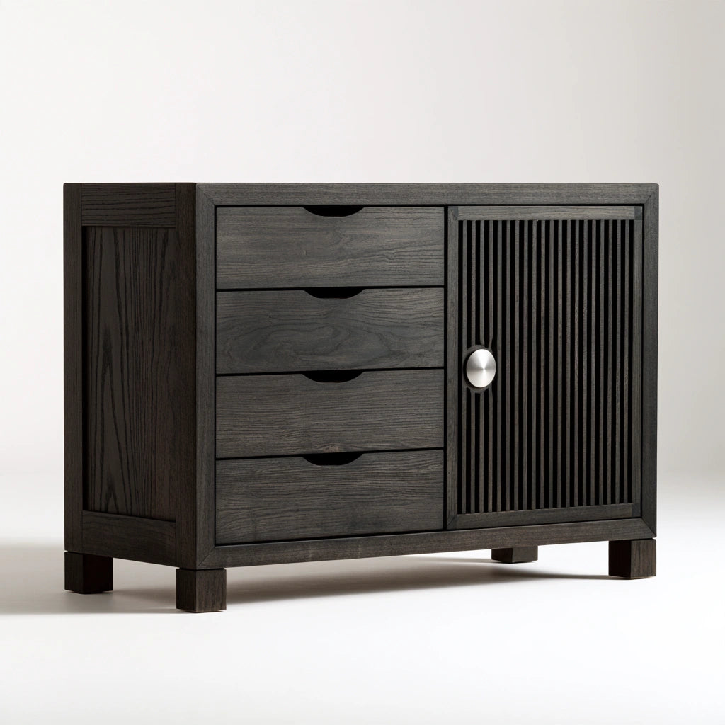 Dark grey wooden storage cabinet from Kelnexia, sleek buffet or storage furniture with clean lines and modern design.