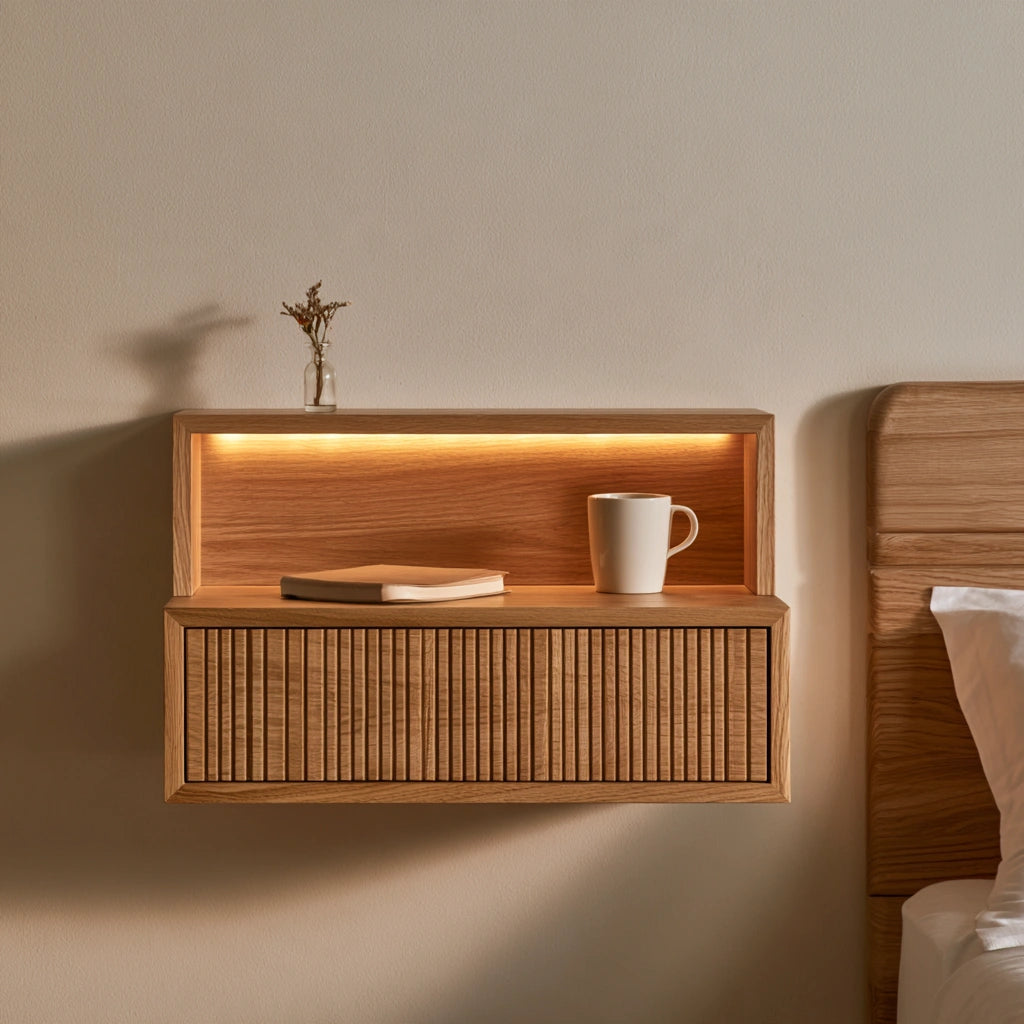 Light-colored wooden floating bedside table from Kelnexia, wall-mounted design with a sleek, natural finish.